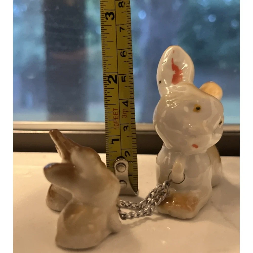 Vintage Set 3 Ceramic Bunnies Mother Rabbit w/ 2 Chained‎ Baby Bunny Figurine